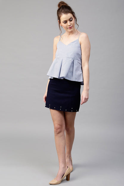 Women's Blue Stripes Peplum Strappy Top