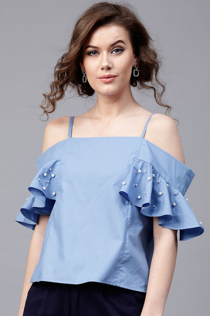 Women's Blue Drop Shoulder Strappy Top