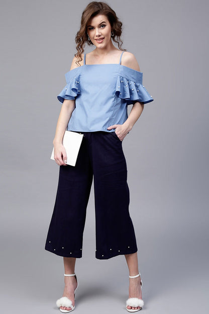 Women's Blue Drop Shoulder Strappy Top