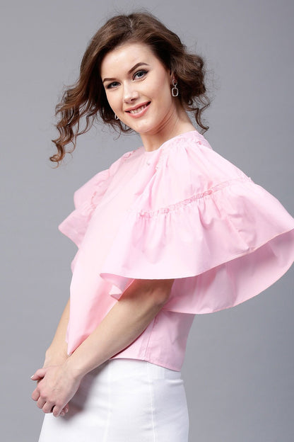 Women's Pink Flared Sleeve Pearl Top