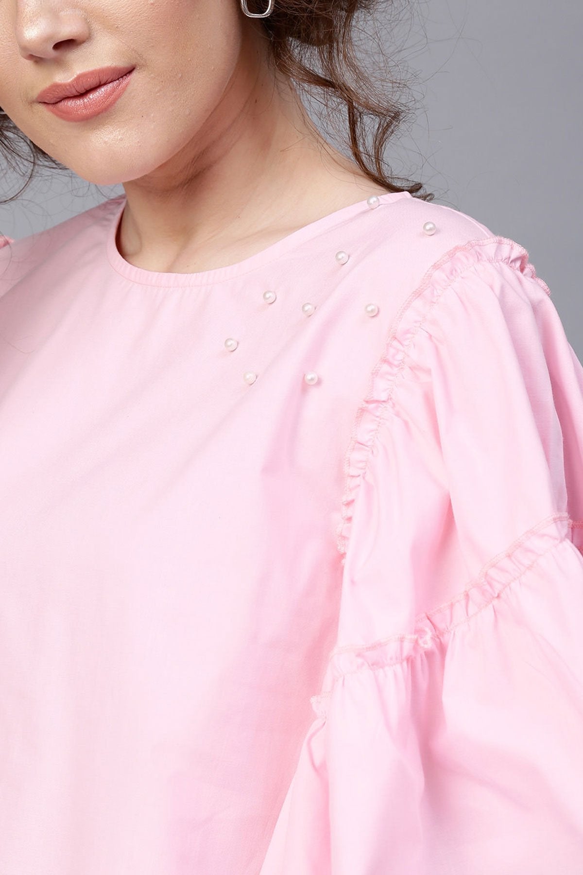Women's Pink Flared Sleeve Pearl Top