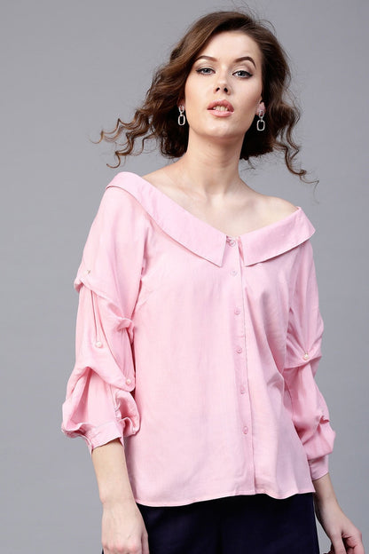 Women's Pink Tucked Pearl Sleeve Top