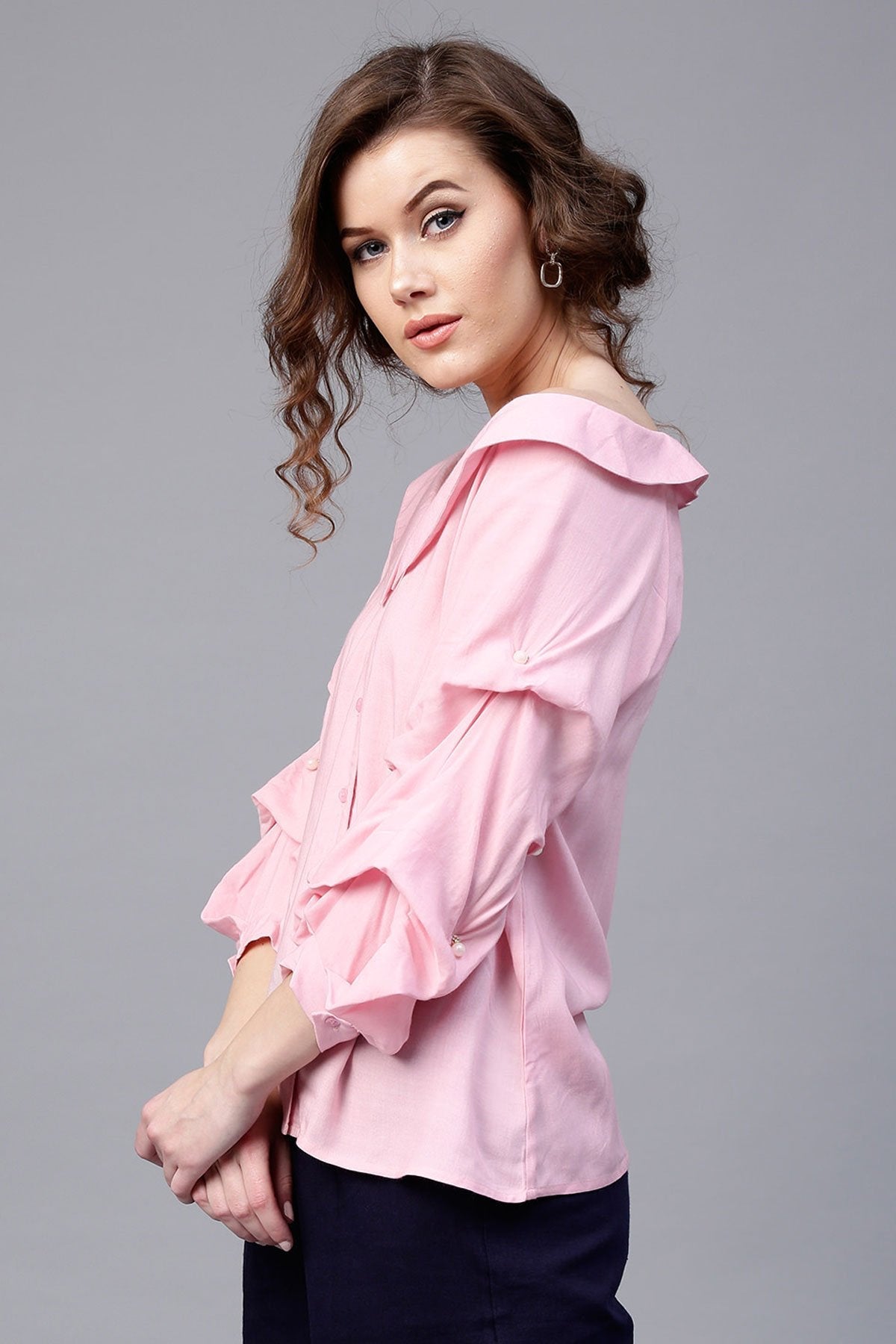 Women's Pink Tucked Pearl Sleeve Top
