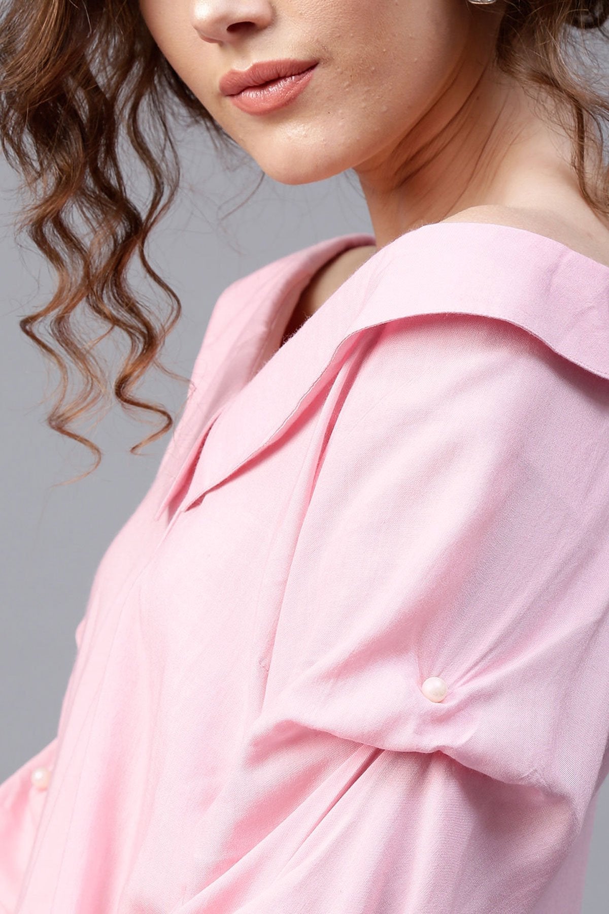 Women's Pink Tucked Pearl Sleeve Top