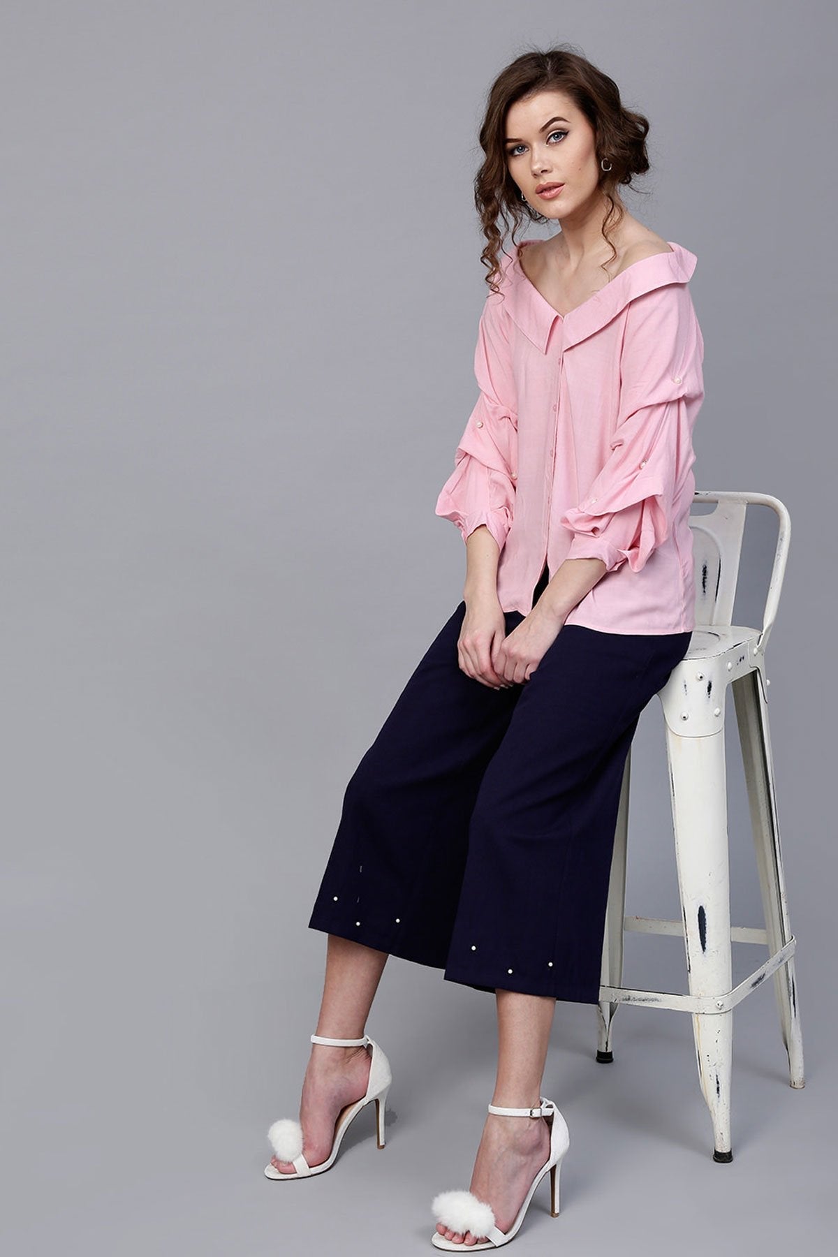Women's Pink Tucked Pearl Sleeve Top