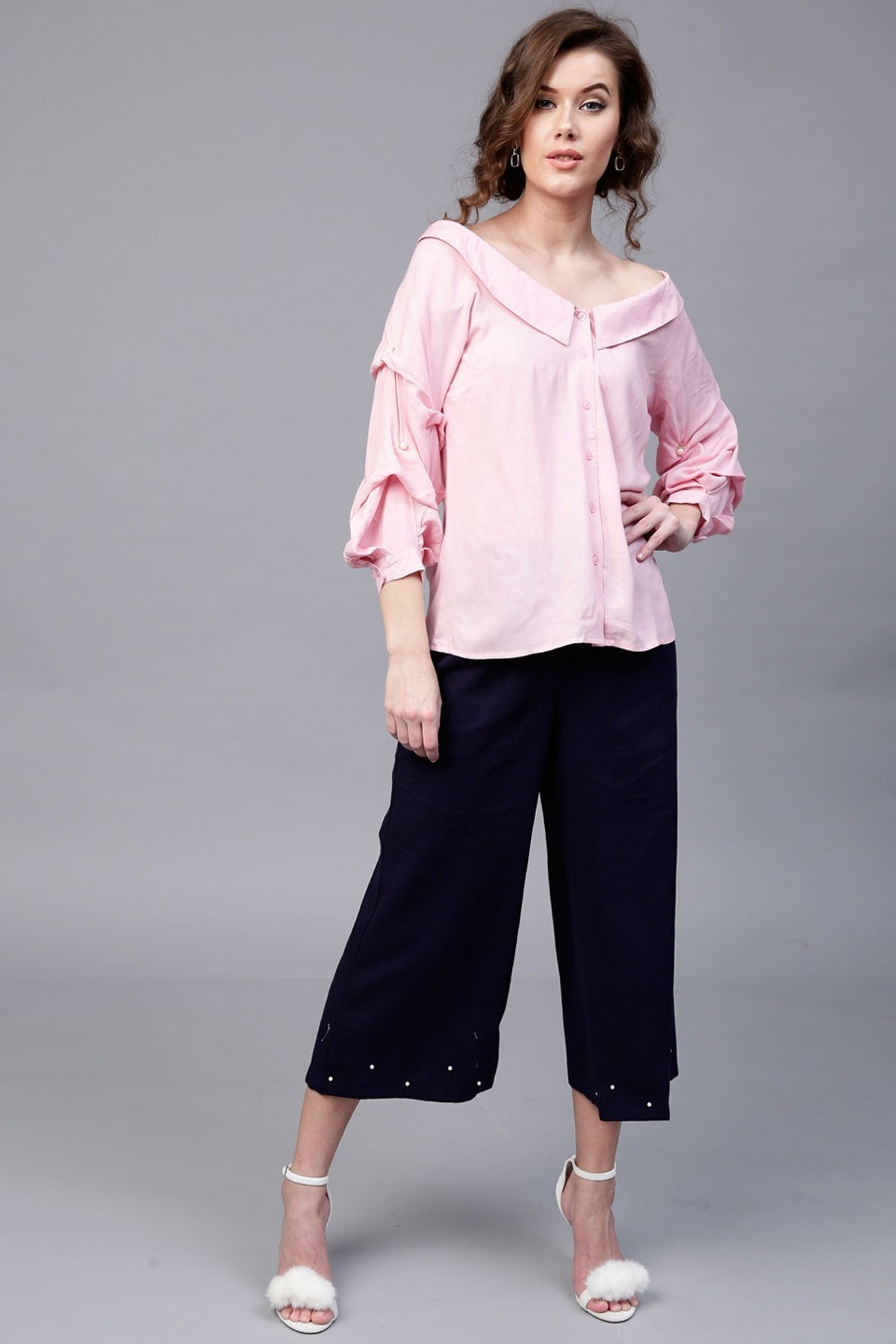 Women's Pink Tucked Pearl Sleeve Top