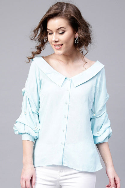 Women's Blue Tucked Pearl Sleeve Top