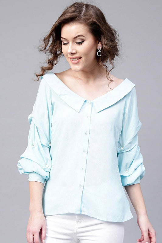 Women's Blue Tucked Pearl Sleeve Top