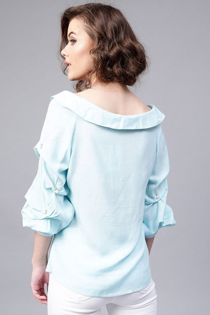 Women's Blue Tucked Pearl Sleeve Top