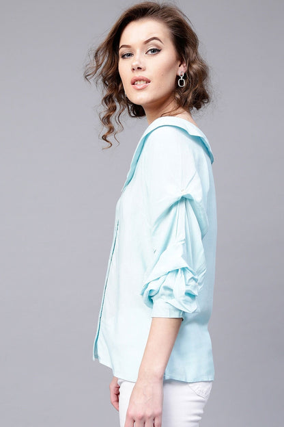 Women's Blue Tucked Pearl Sleeve Top