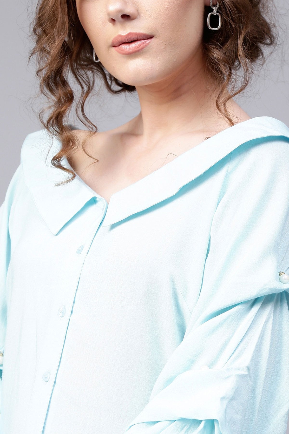 Women's Blue Tucked Pearl Sleeve Top