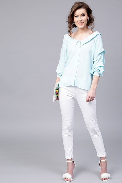 Women's Blue Tucked Pearl Sleeve Top