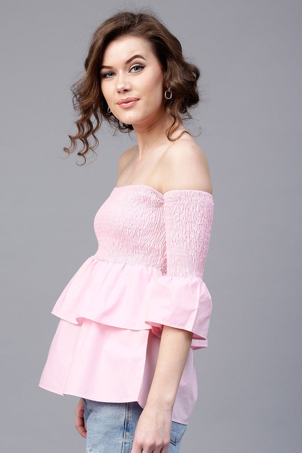 Women's Pink Off Shoulder Smocked Top
