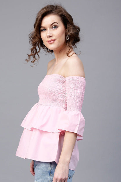Women's Pink Off Shoulder Smocked Top
