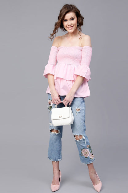 Women's Pink Off Shoulder Smocked Top