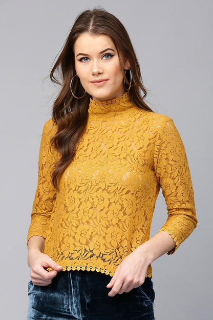 Women's Mustard Lace Back Zipper Top