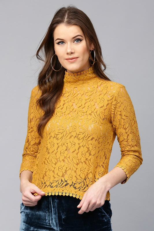 Women's Mustard Lace Back Zipper Top