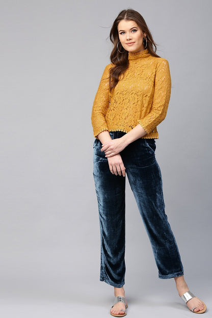 Women's Mustard Lace Back Zipper Top