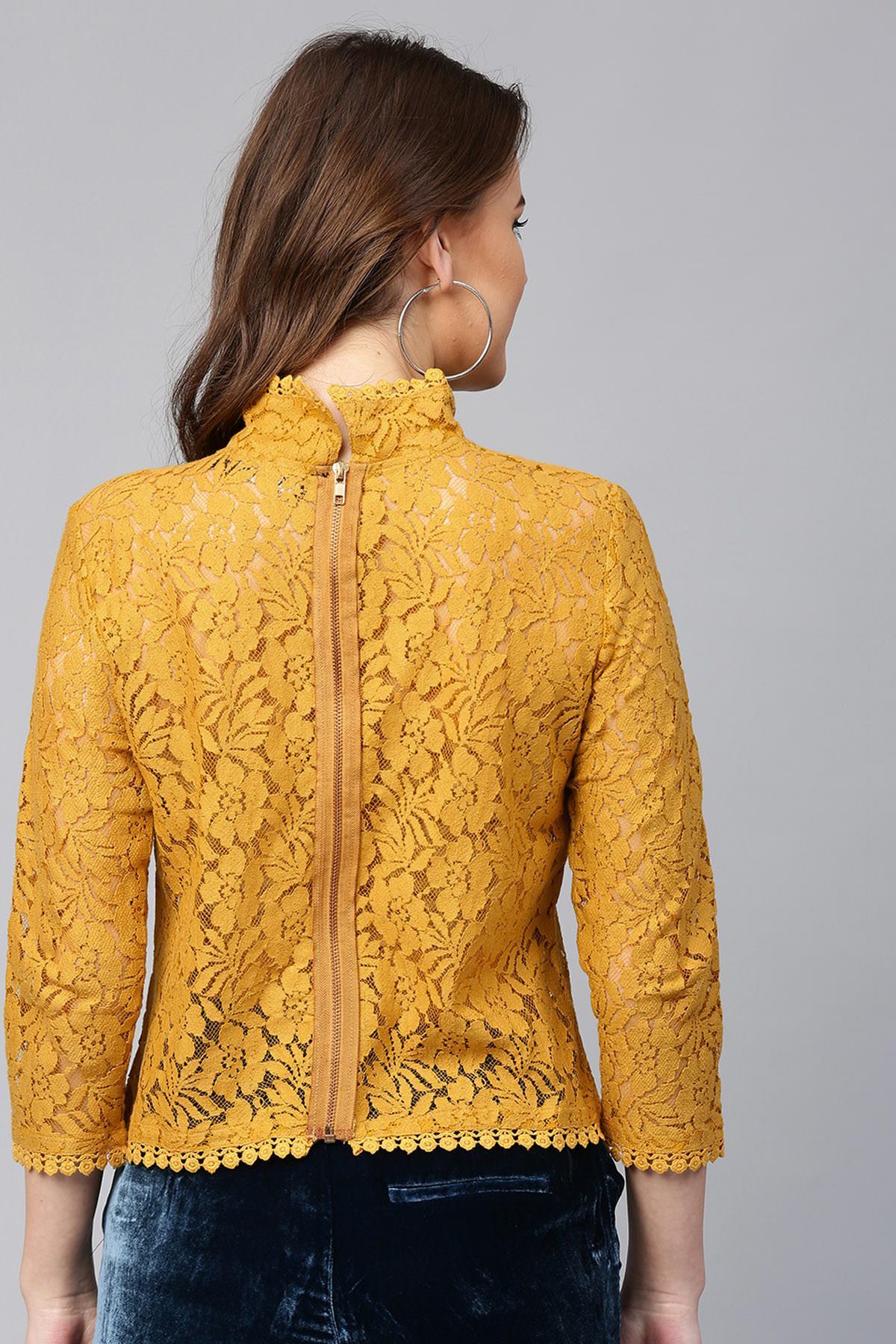 Women's Mustard Lace Back Zipper Top