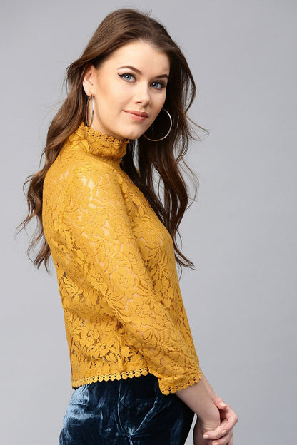 Women's Mustard Lace Back Zipper Top