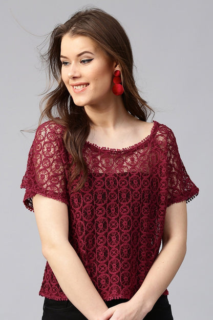 Women's Maroon All-Over Lace Top