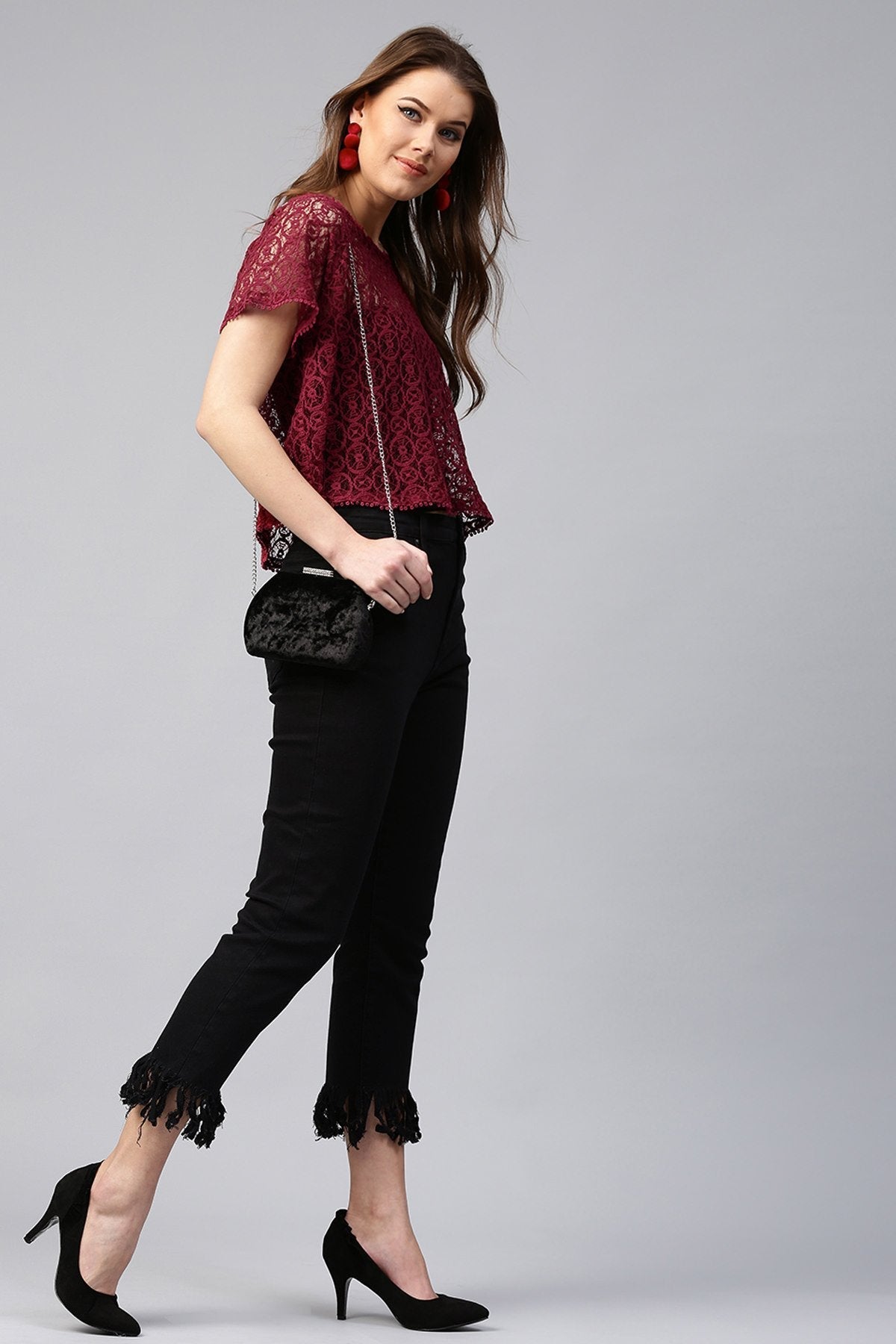 Women's Maroon All-Over Lace Top