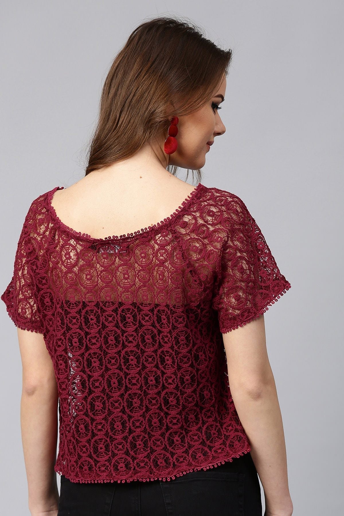 Women's Maroon All-Over Lace Top