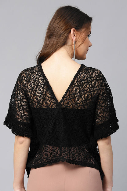 Women's Black Kimono Lace Crop Top