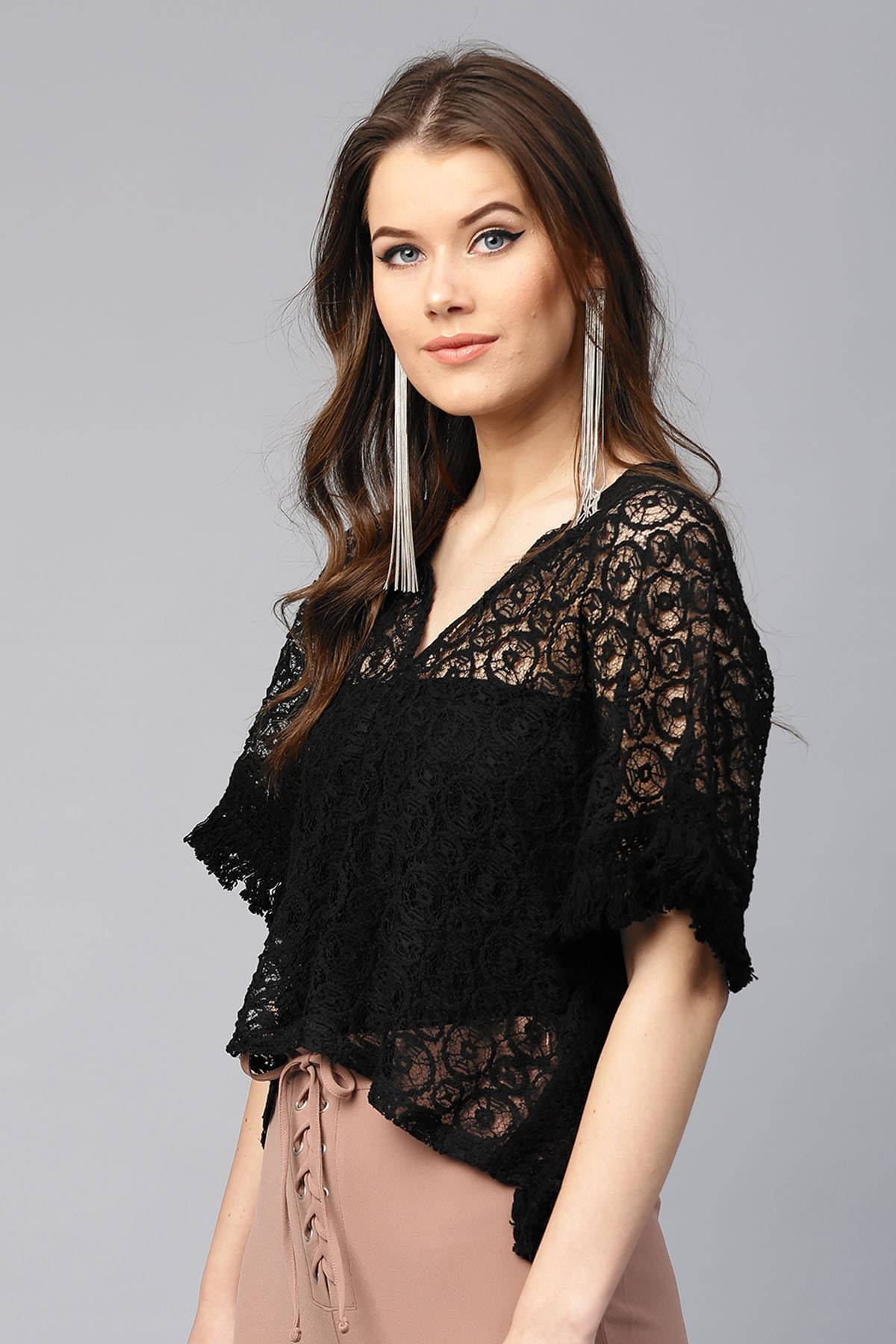 Women's Black Kimono Lace Crop Top