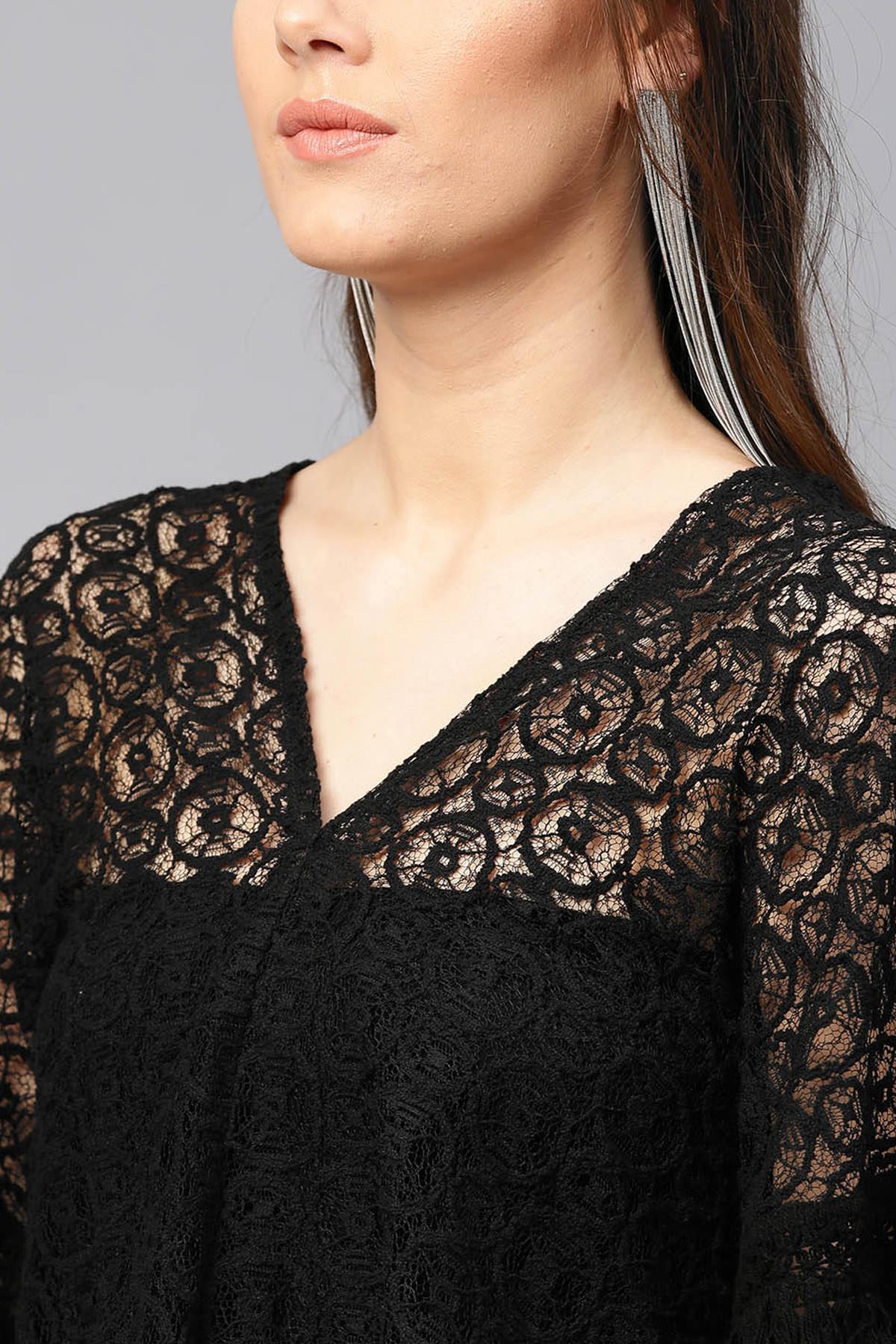 Women's Black Kimono Lace Crop Top