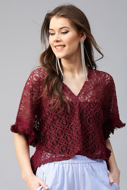 Women's Maroon Kimono Lace Crop Top
