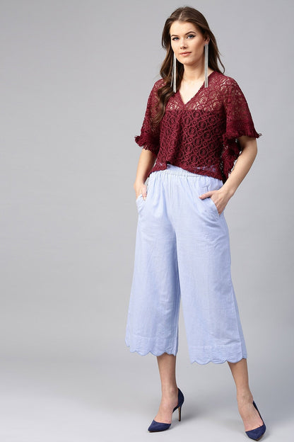 Women's Maroon Kimono Lace Crop Top