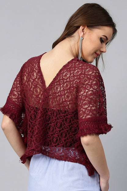 Women's Maroon Kimono Lace Crop Top