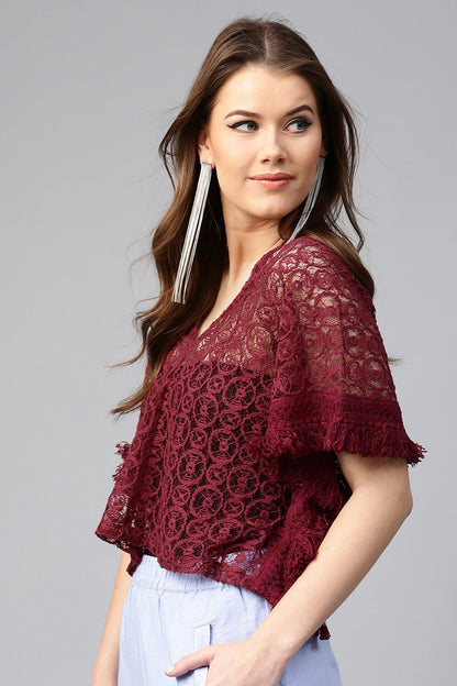 Women's Maroon Kimono Lace Crop Top