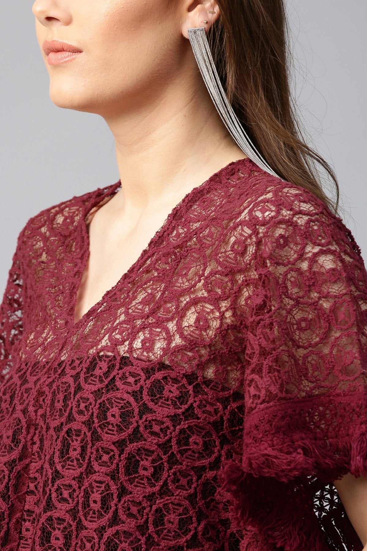 Women's Maroon Kimono Lace Crop Top