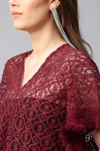 Women's Maroon Kimono Lace Crop Top