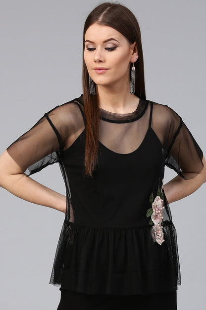 Women's Black Mesh Peplum Top