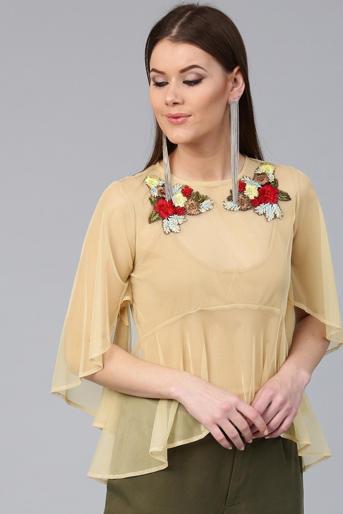 Women's Beige Mesh Flared Sleeve Top