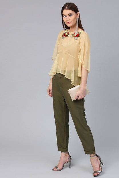 Women's Beige Mesh Flared Sleeve Top