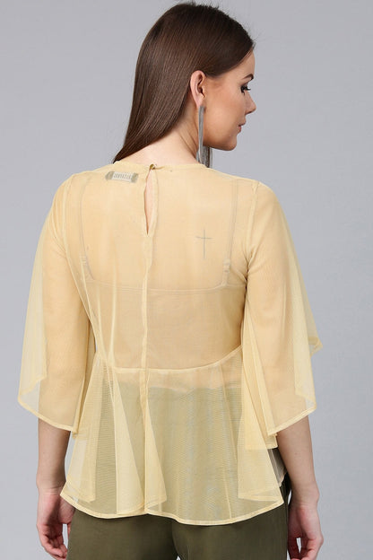 Women's Beige Mesh Flared Sleeve Top