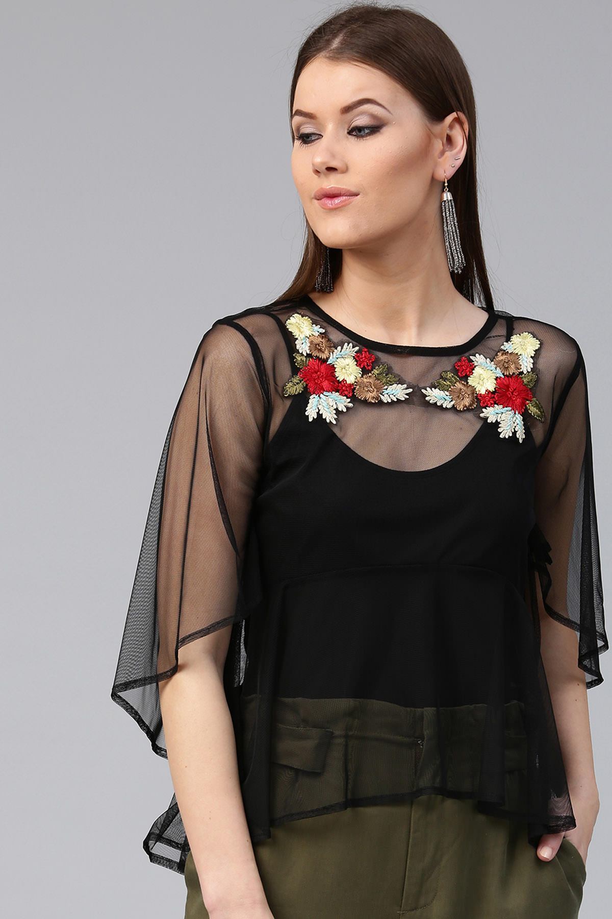 Women's Black Mesh Flared Sleeve Top