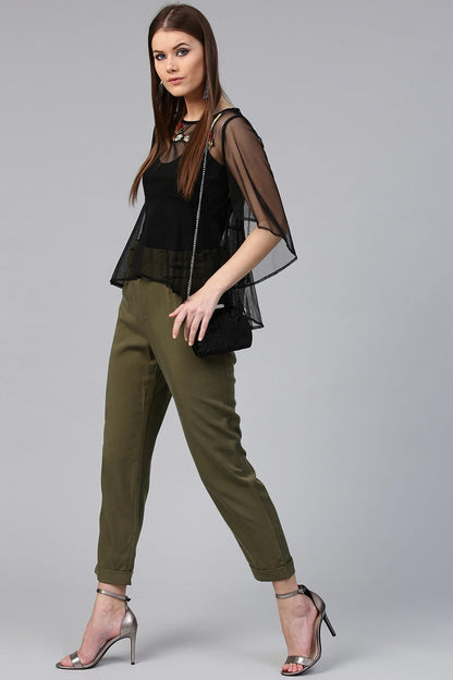 Women's Black Mesh Flared Sleeve Top