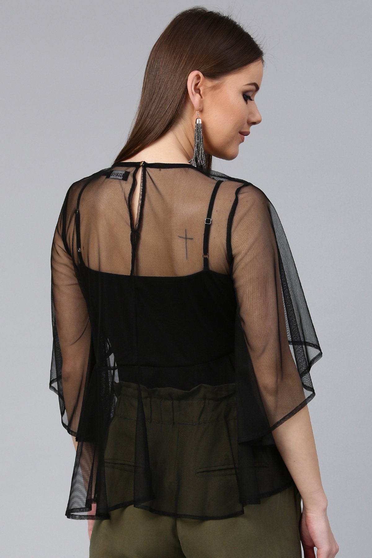 Women's Black Mesh Flared Sleeve Top