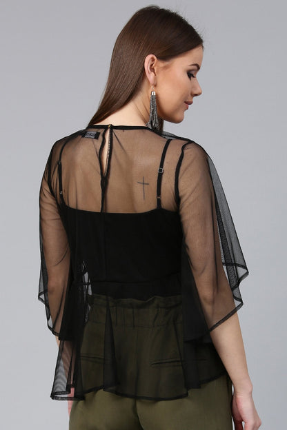 Women's Black Mesh Flared Sleeve Top