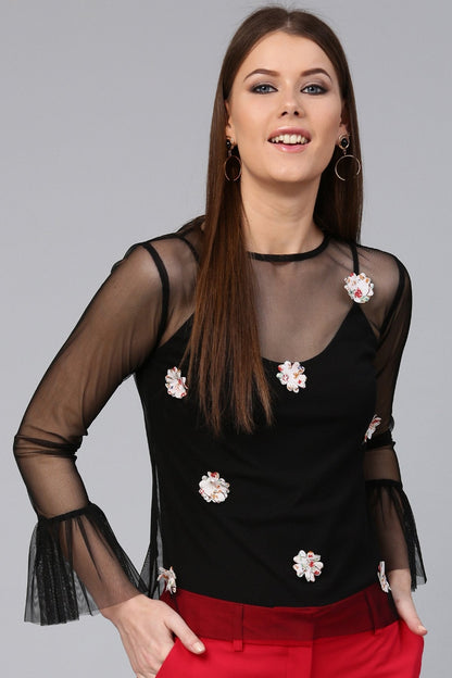 Women's Black Mesh Frill Sleeve Top