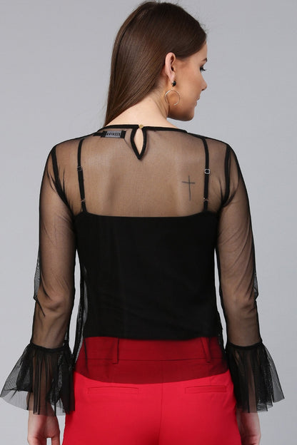 Women's Black Mesh Frill Sleeve Top