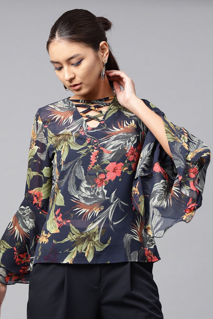 Women's Navy Tropical Bell Sleeves Top