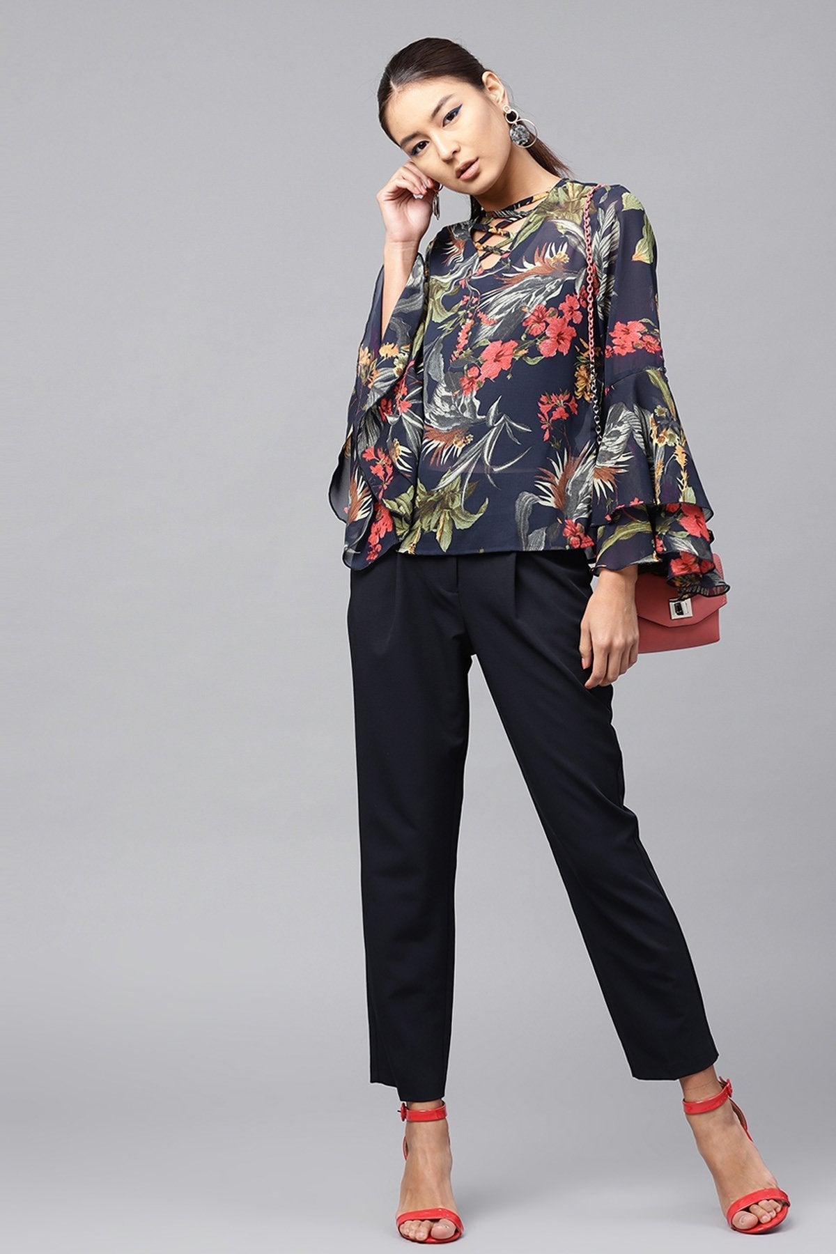 Women's Navy Tropical Bell Sleeves Top