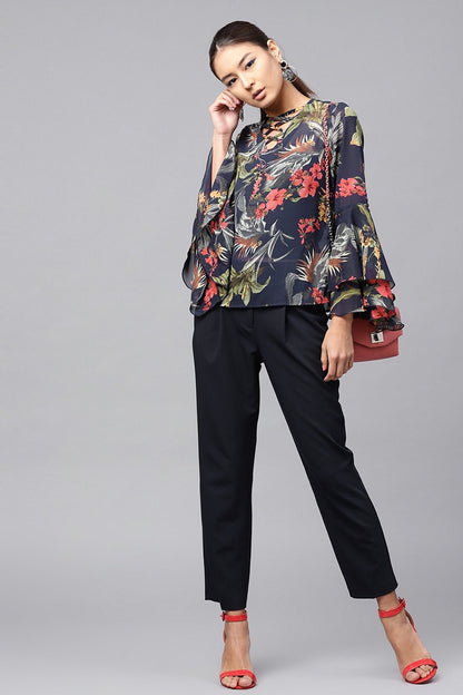 Women's Navy Tropical Bell Sleeves Top