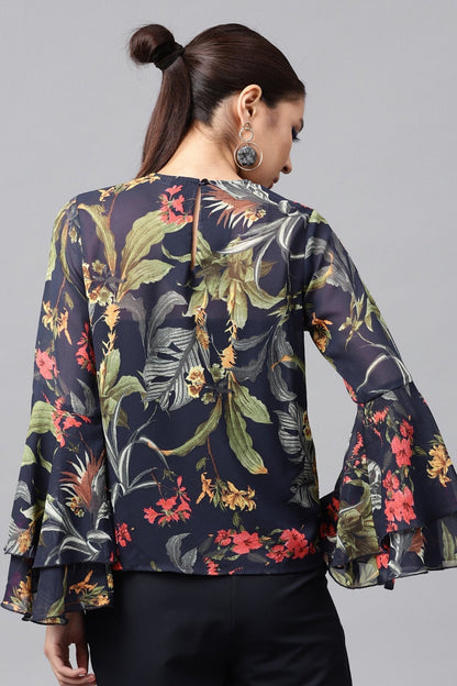 Women's Navy Tropical Bell Sleeves Top
